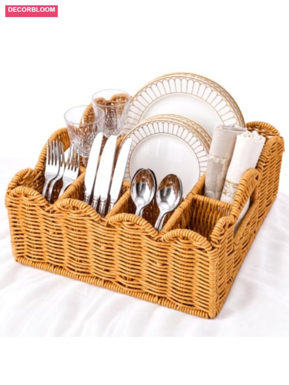 Wicker Utensil Caddy 6 Compartment Scalloped Square Resin Rattan